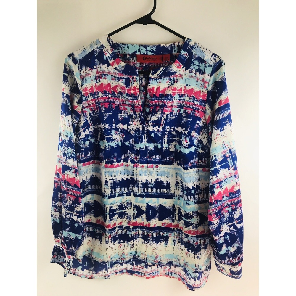 Belle Gray By Lisa Rinna Blouse Size XS Multicolor Tunic Aztec Round Neck Slit